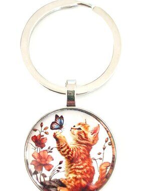 Cat Keychain Kitten Butterfly Orange KittyFloral Glass Dome Cute Bag Charm Gift